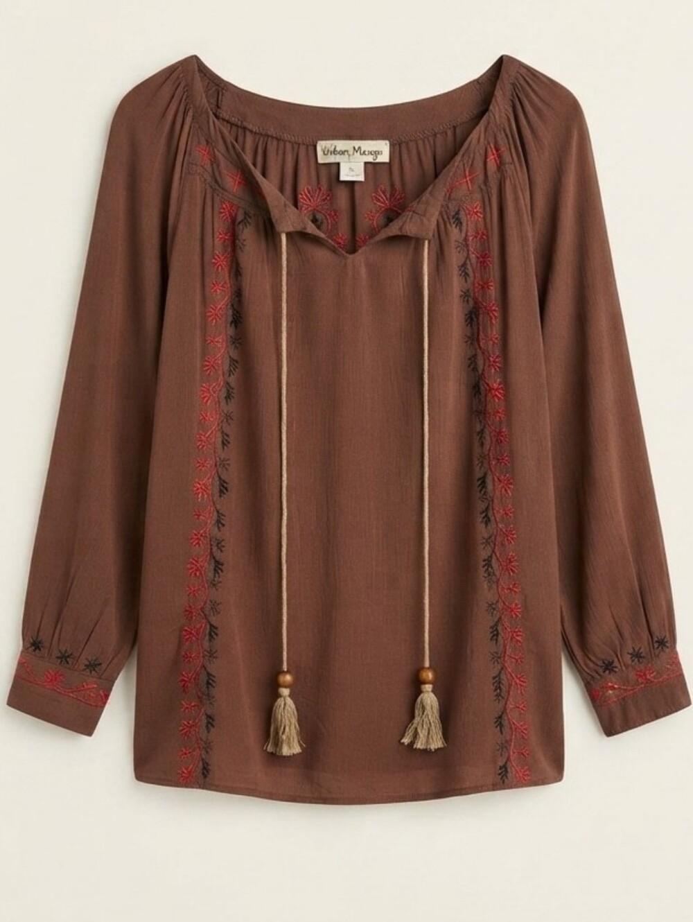 Boho Embroidered Peasant Blouse in Brown